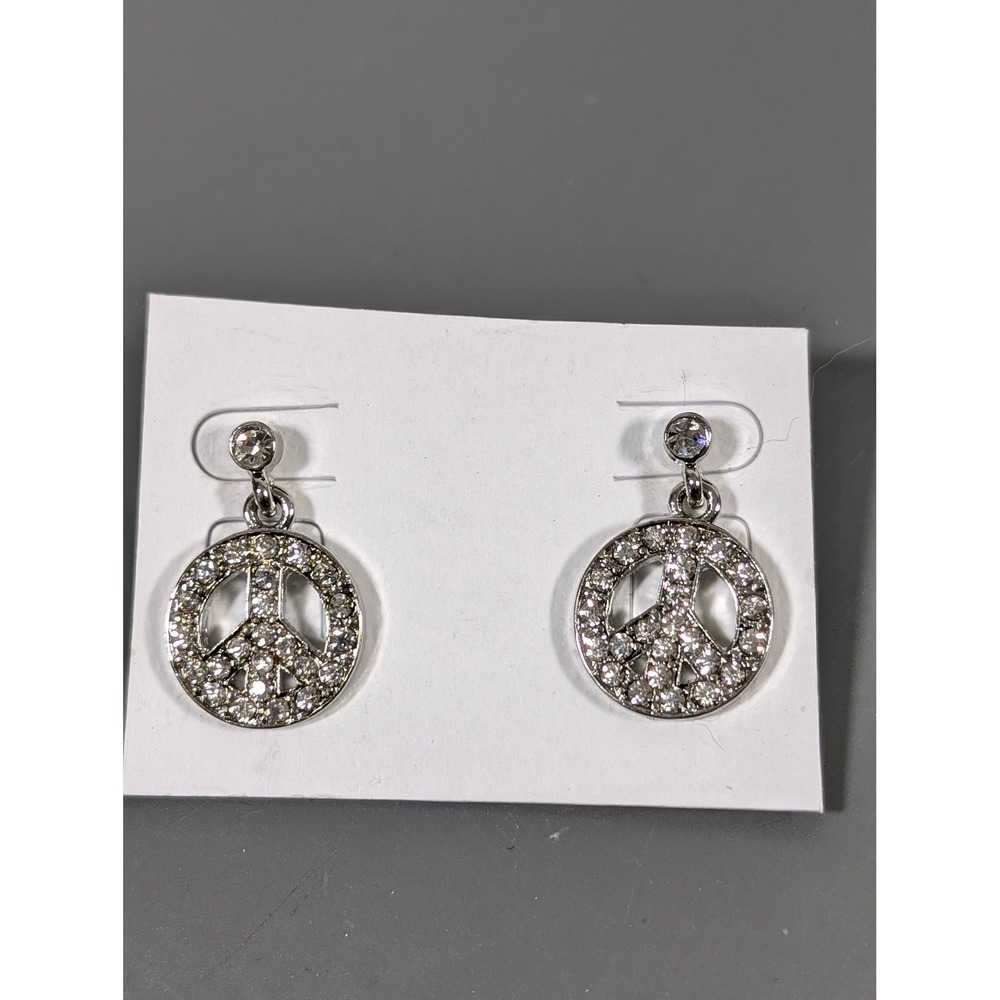 New Silver Tone Rhinestone Peace Sign Dangle Earrings Pierced‎ Sparkle Y2K Boho